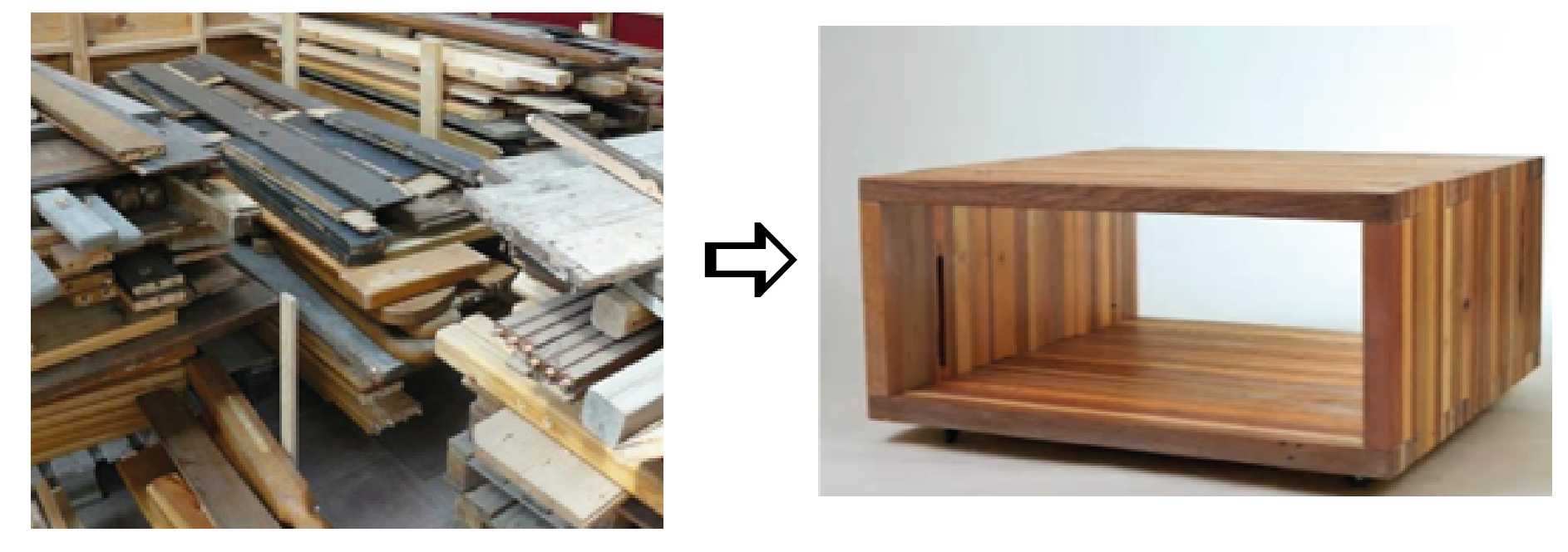 bois collecté pour être recyclé en table basse